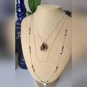 Sterling Silver, Gold Plated Brown & White Beaded Long Necklace